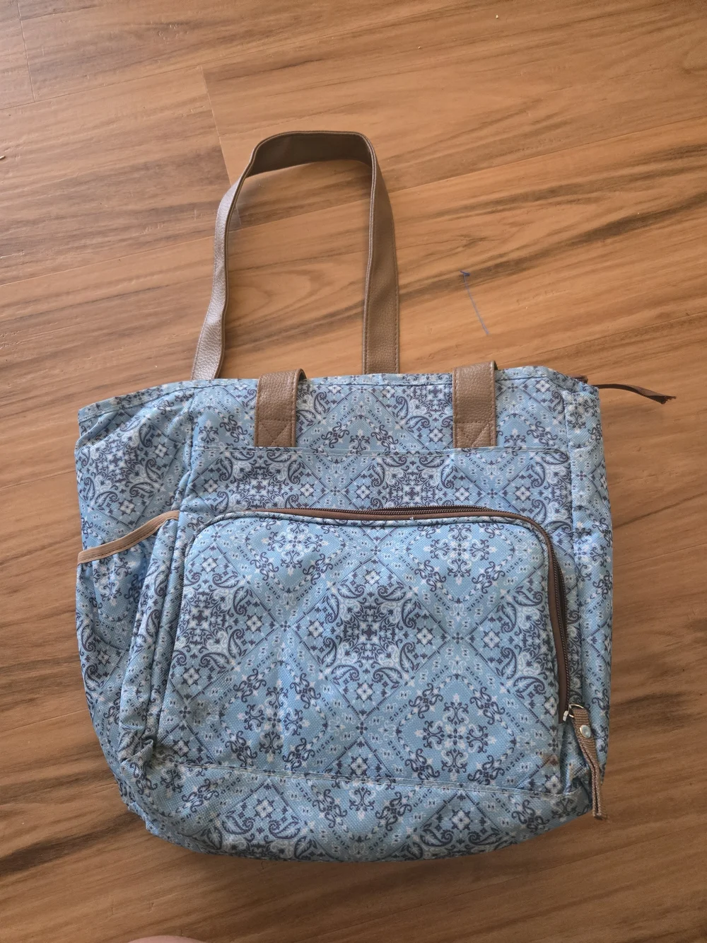 4/$15 Boho Beach Bag Quilted Blue Paisley Lunch Cooler  Tote Bag Tan Handles